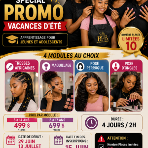 Promo Vacances d Ete 2026 - Formation jeunes 8-17 ans - Tresses, maquillage, perruques, ongles